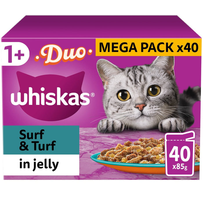 Whiskas 1+ POUCHAS DE CATO DE CATO HOMBRES ADULTO Duo de surf y césped en gelatina 40 x 85g